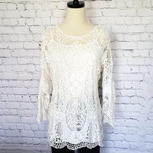 ULTRA PINK Boho Long Sleeve Cream Crocheted Lace Top--EUC--L
